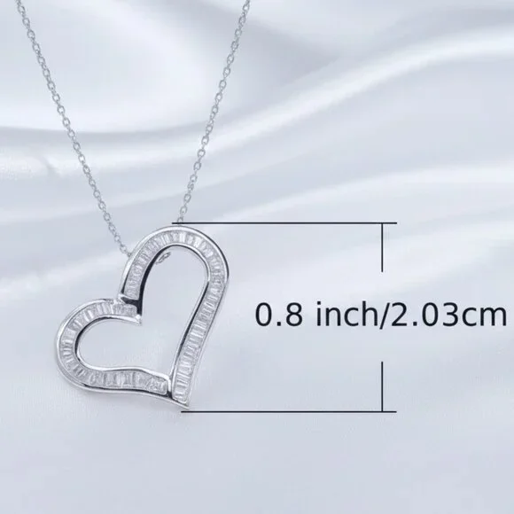 Open Heart Simulated Baguette Moissanite Silver Pendant Necklace NWOT - Picture 3 of 9